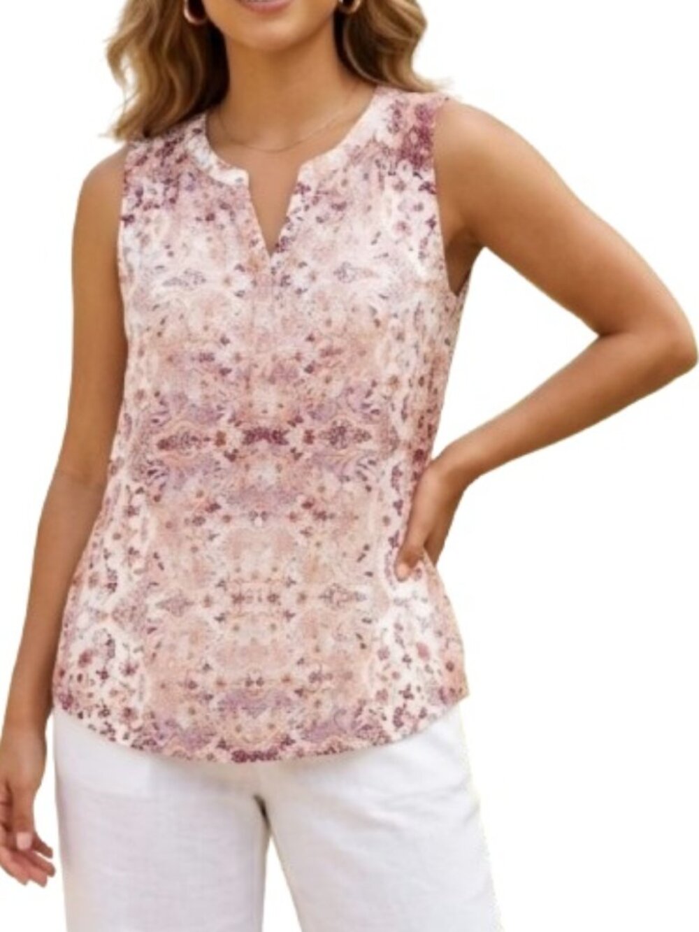 Sonoma Multicolor Sleeveless Blouse Paisley Print Split V-Neck Lightweight